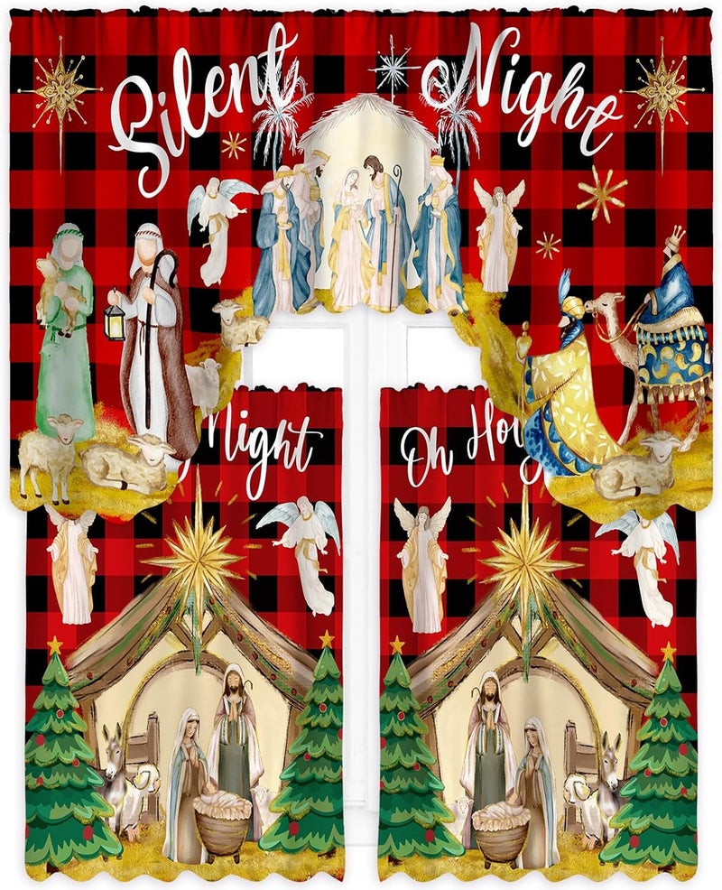 FuWeave Christmas Kitchen Curtains 3 Piece Set Nativity Window Curtains and Valance Set Xmas Curtain Swag for Kitchen Bedroom Living Room Decor, 60 x 36 Valance, 36 x 30 Tier - Image 1